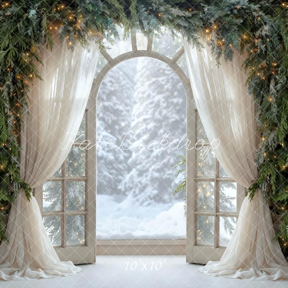Kate Christmas Window Garland Pinecones Arch Snowy Forest Printed Backdrop Designed by Mini MakeBelieve