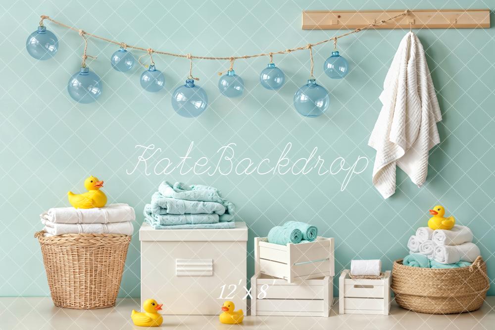 Kate Blue Bathroom Rubber Ducks Towels Baskets Hanging Lights Backdrop Designed by Emetselch