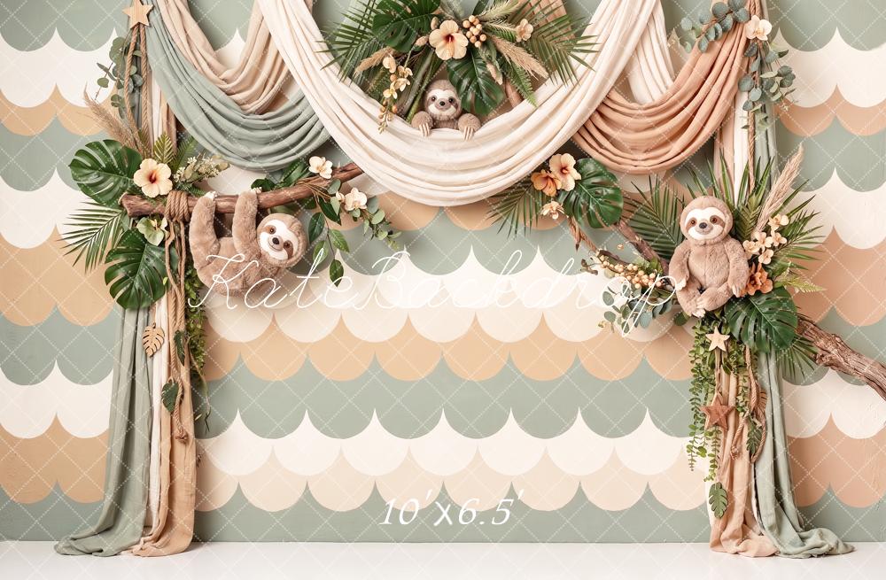 Kate Cake Smash Jungle Sloth Floral Drapery Printed Backdrop Designed by Angela Miller