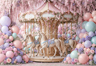 Kate Birthday Carousel Floral Balloons Pastel Printed Backdrop Designed by Ashley Paul