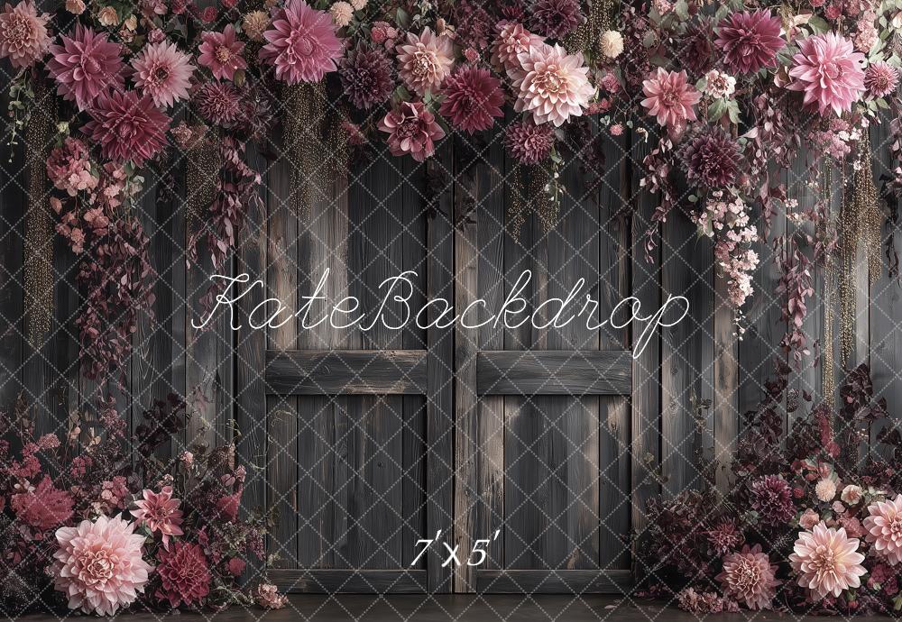 Kate Vintage Pink Flower Arch Dark Wood Doors Portrait Printed Backdrop Designed by Angela Miller