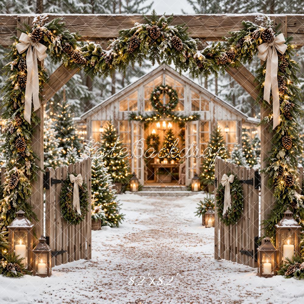 Kate Christmas Rustic Snowy Cabin Garland Archway Woodland Printed Backdrop Designed by Emetselch