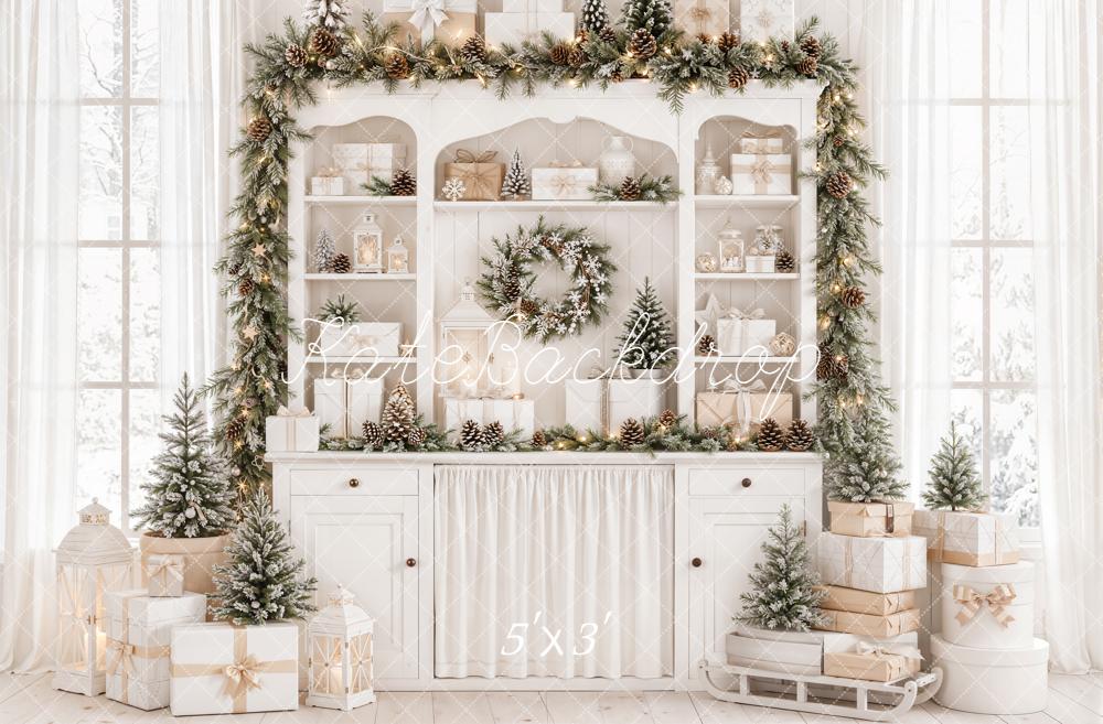Kate Christmas Cabinet Garland Gifts Pinecones White Printed Backdrop Designed by Emetselch