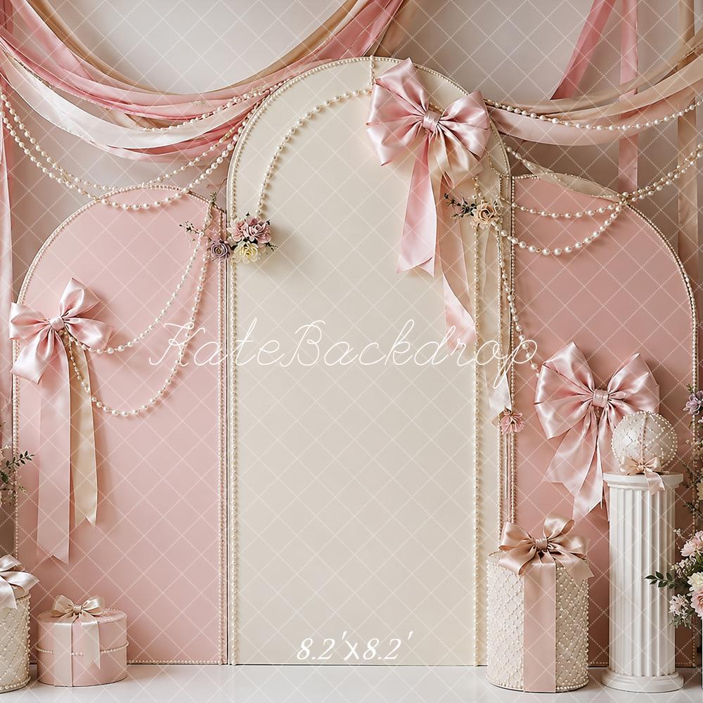 Kate Cake Smash Pink Ribbon Pearl Bow Printed Backdrop Designed by Shutter Swan Studios
