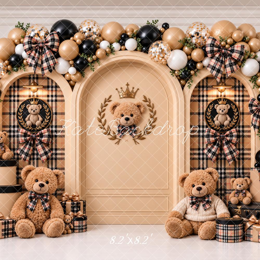 Kate Cake Smash Beige Teddy Bear Plaid Balloon Arch Printed Backdrop Designed by Ashley Paul