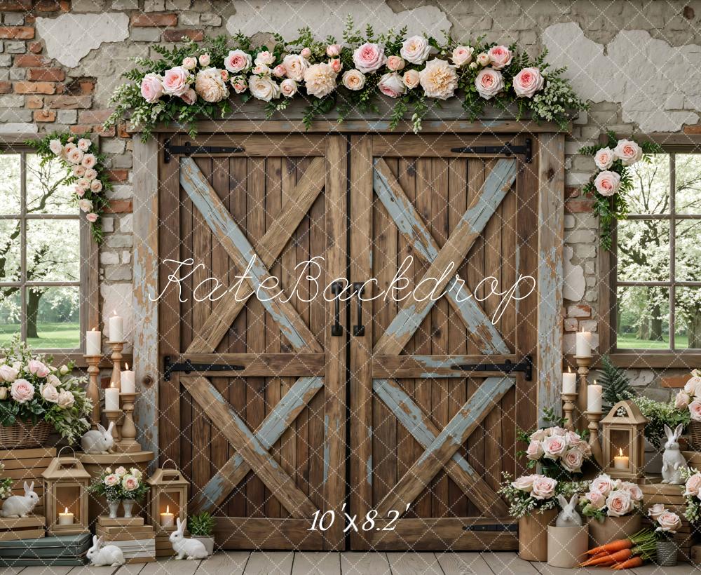 Kate Spring Rustic Barn Doors Flower Arch Bunnies Lanterns Backdrop Designed by Mini MakeBelieve