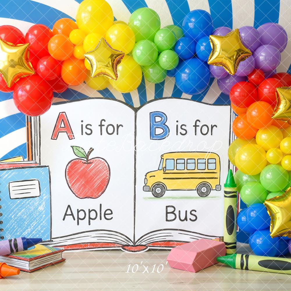 Kate Back To School ABC Apple Bus Rainbow Balloons Backdrop Designed by Chain Photography