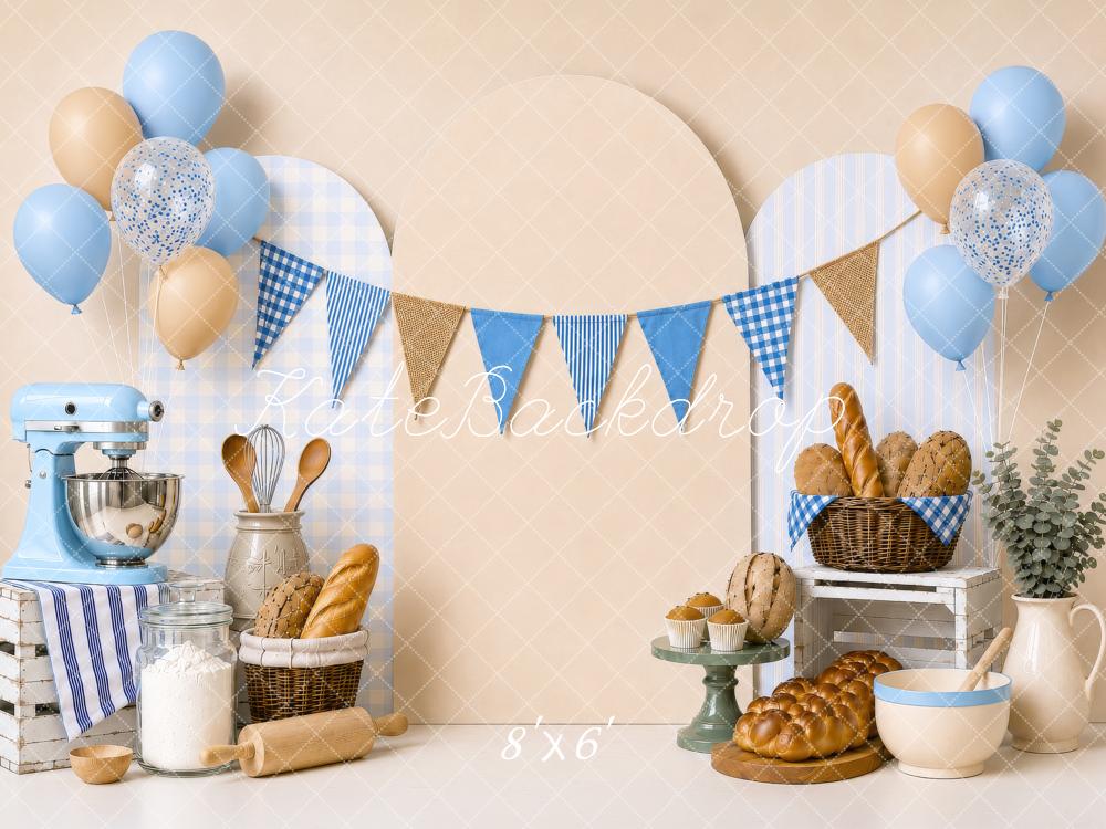 Kate Cake Smash Blue Bakery Bread Balloons Mixer Party Printed Backdrop Designed by Shutter Swan Studios