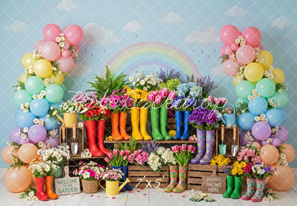 Kate Spring Birthday Garden Balloon Arch Flowers Rain Boots Rainbow Printed Backdrop Designed by Patty Roberts