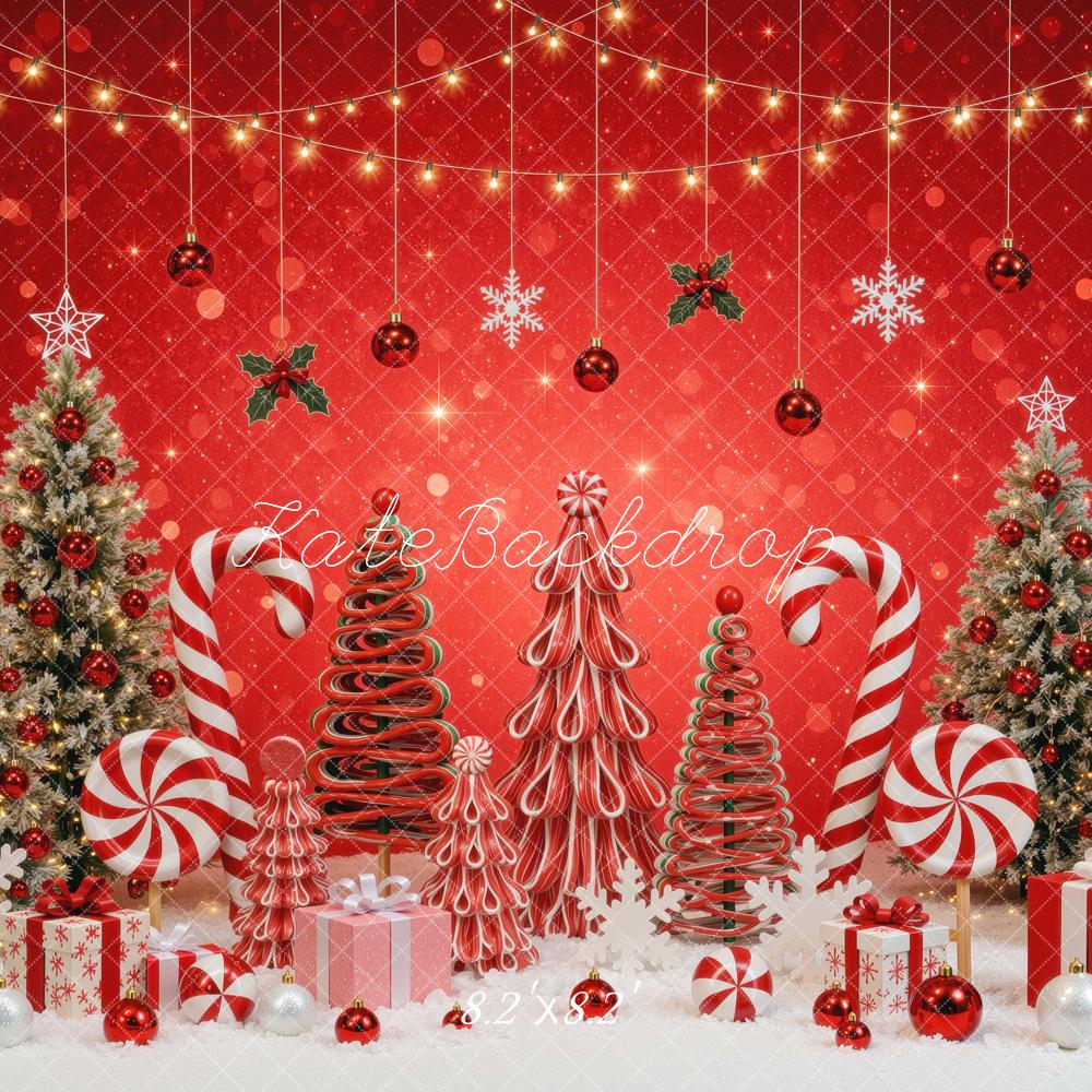 Kate Christmas Tree Red Candy Cane Gifts Snowflakes Holiday Printed Backdrop Designed by Mini MakeBelieve