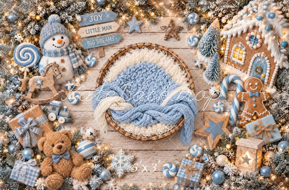 Kate Christmas Newborn Pastel Blue Baby Basket Snowman Printed Backdrop Designed by Laura Bybee
