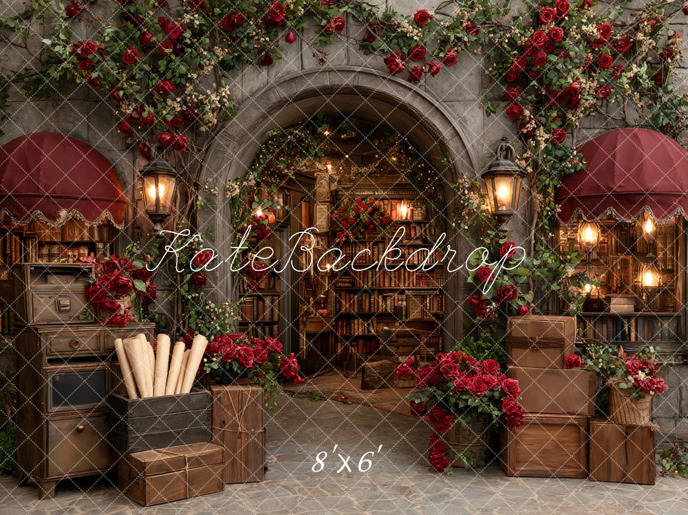 Kate Valentine's Day Vintage Library Archway Red Roses Bookshelves Lanterns Backdrop Designed by Ashley Paul