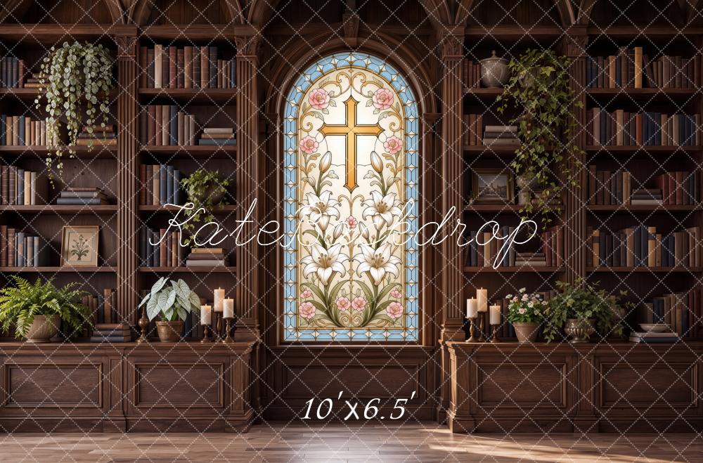 Kate Christian Ministry Stained Glass Cross Pastor Library Printed Backdrop Designed by Ashley Ward