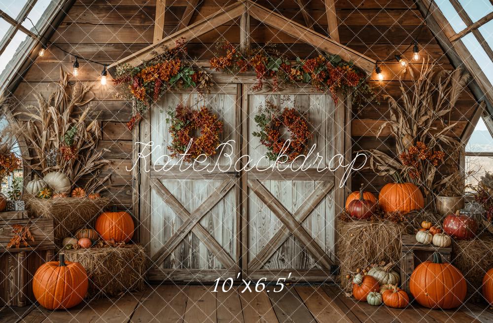 Kate Fall Rustic Barn Pumpkins Haystack Wood Backdrop Designed by Emetselch