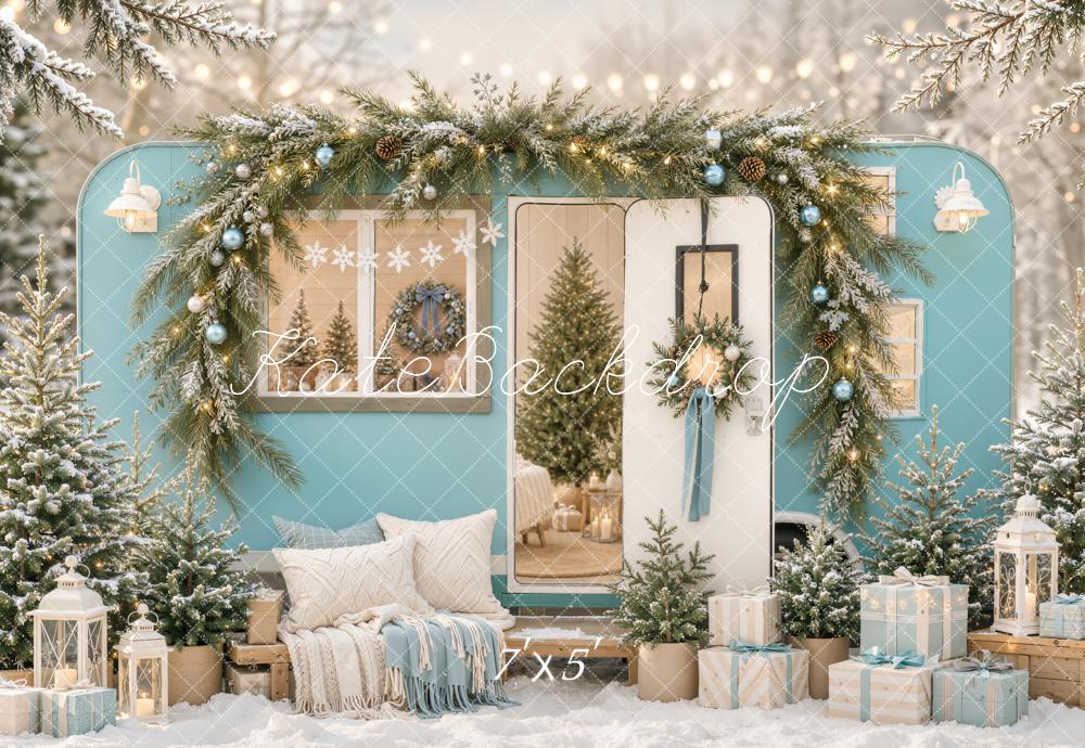 Kate Christmas Blue Camper Garland Trees Gifts Snowy Printed Backdrop Designed by Emetselch