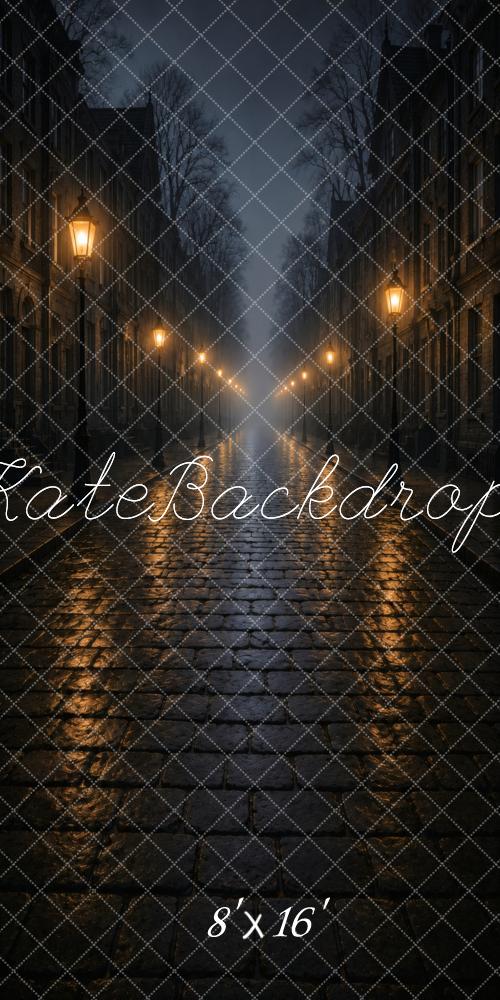 Kate Sweep Halloween Foggy Dark Cobblestone Street Lamps Printed Backdrop Designed by Vertigo Productions