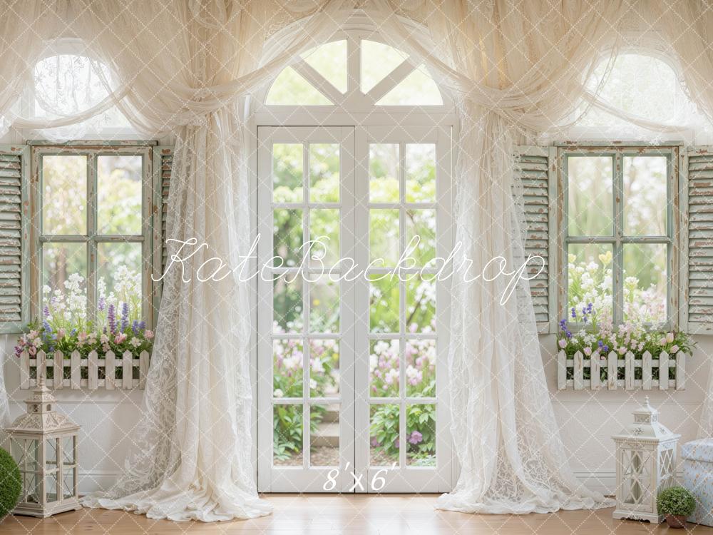 Kate Spring White Drapes Arched French Doors Flower Garden Printed Backdrop Designed by Mini MakeBelieve