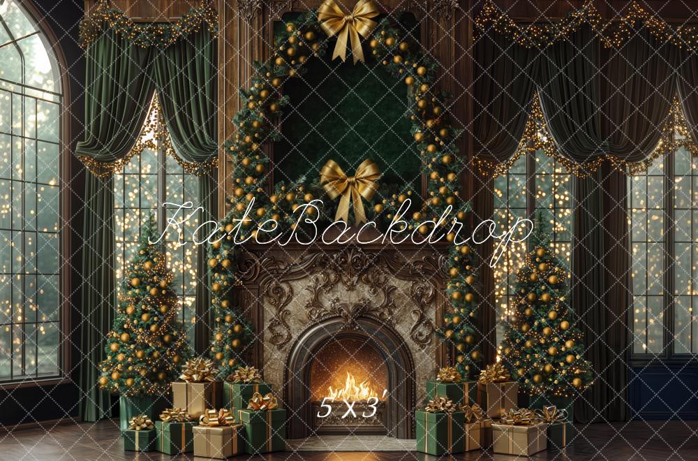 Cortinas Verdes Retro de Ventana para Chimenea de Navidad Diseñado por Mini MakeBelieve