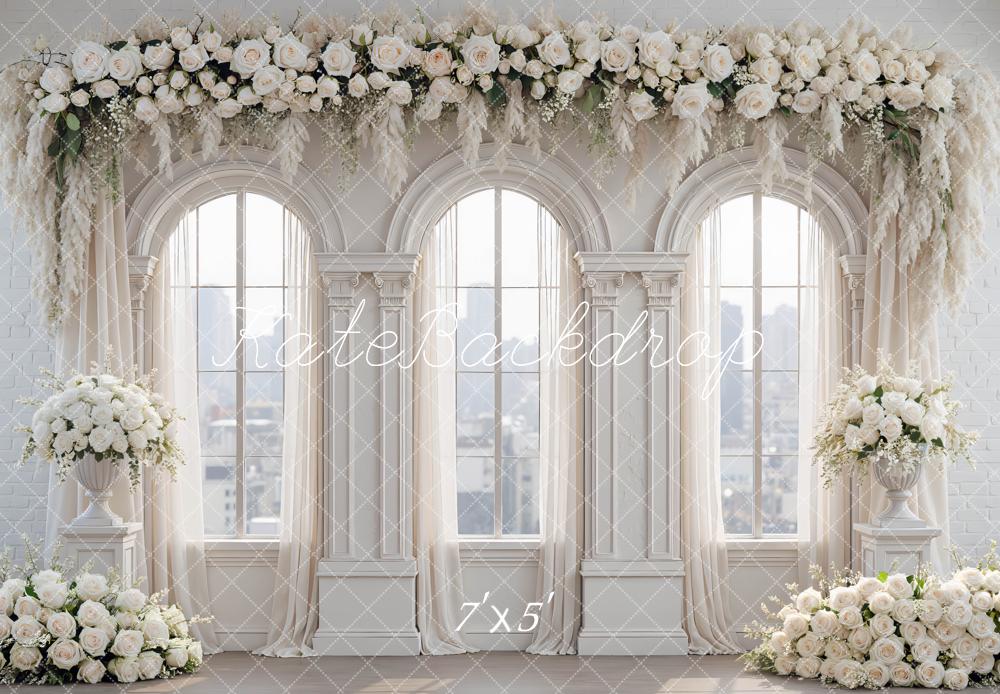 Kate White Flower Arch Windows Columns Printed Backdrop Designed by Mini MakeBelieve