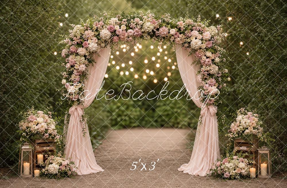 Kate Wedding Romantic Garden Flower Arch Drapes String Lights Printed Backdrop Designed by Angela Miller