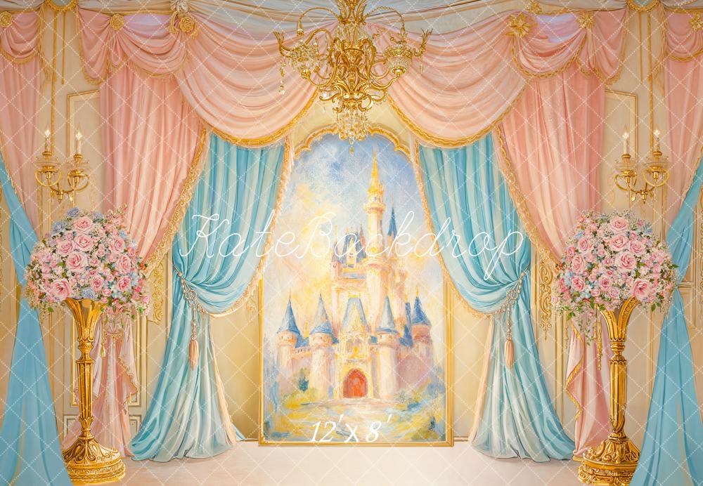 Kate Cake Smash Fairy Fantasy Castle Gold Chandelier Pink Blue Drapes Backdrop Designed by GQ