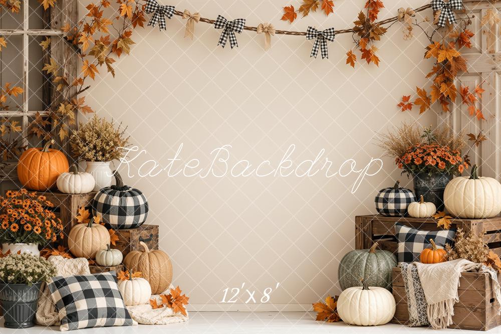 Kate Fall Beige Pumpkin Rustic Plaid Garland Printed Backdrop Designed by Shutter Swan Studios