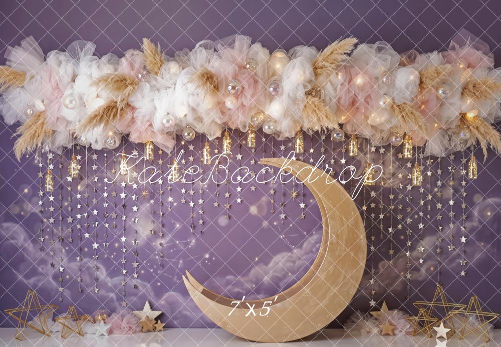 Kate Birthday Purple Celestial Crescent Moon Floral Arch Printed Backdrop Designed by Patty Roberts