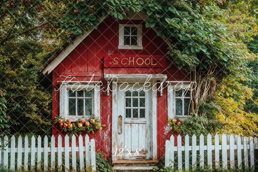 Kate Back to School White Fence Red Cottage Backdrop Designed by Emetselch