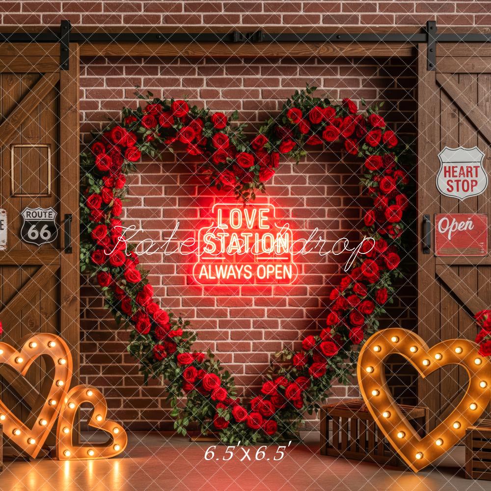 Kate Valentine's Day Heart Roses Neon Brick Wall Backdrop Designed by Patty Roberts