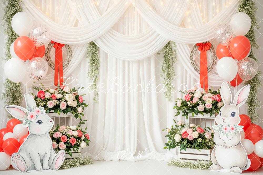 Kate Easter Bunny Balloons Floral White Drapes Backdrop Designed by Patty Roberts