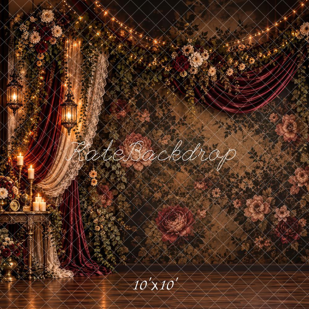 Kate Elegant Dark Brown Gothic Floral Candlelit Drapes Printed Backdrop Designed by Laura Bybee
