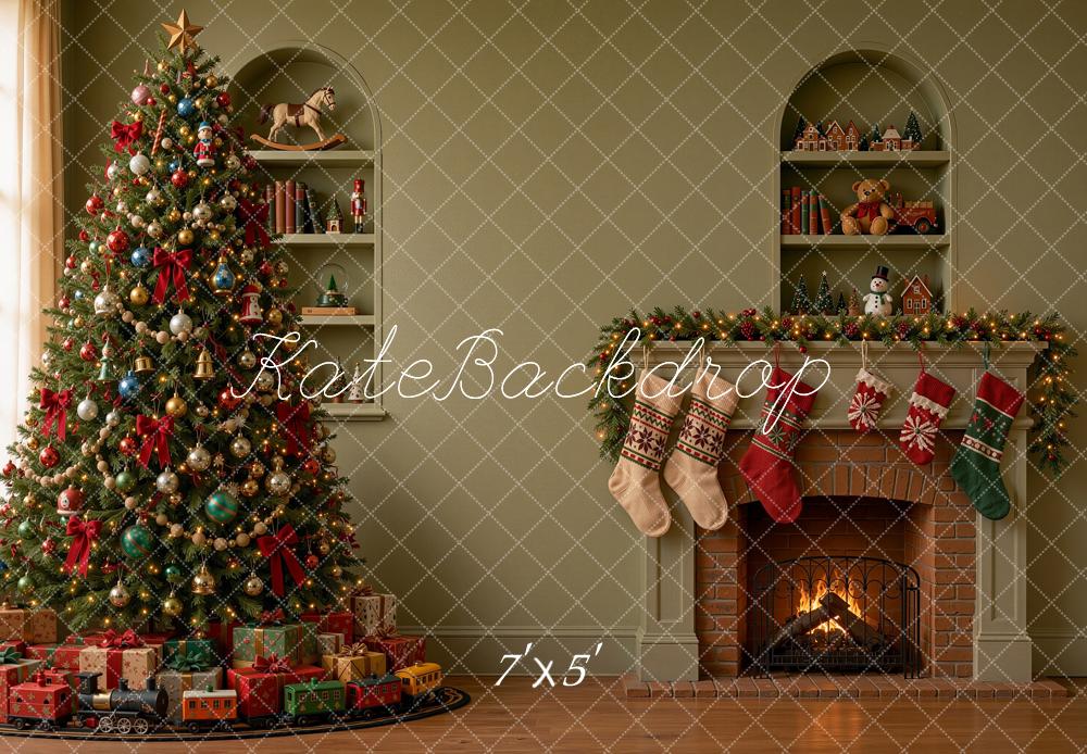 Kate Christmas Tree Fireplace Mantel Stockings Green Printed Backdrop Designed by Shutter Swan Studios