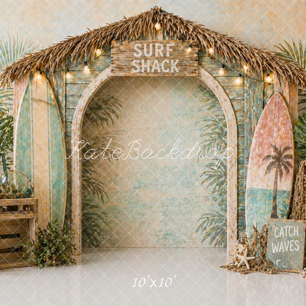 Kate Beach Surf Shack Hut Surfboards Palm Leaves Printed Backdrop Designed by Caitlin Lynch