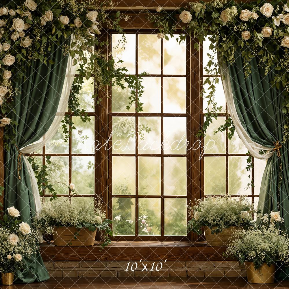 Kate Spring Flower Arch Window Green Curtains Brick Wall Backdrop Designed by Emetselch
