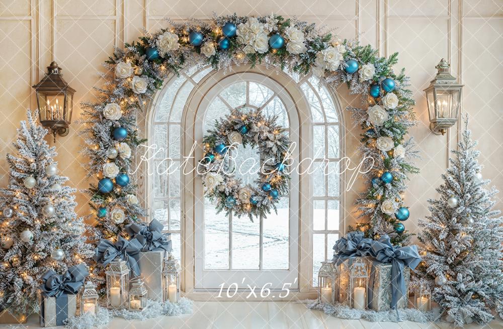 Kate Christmas Tree Arch Wreath Blue Ornaments Snowy Backdrop Designed by Emetselch