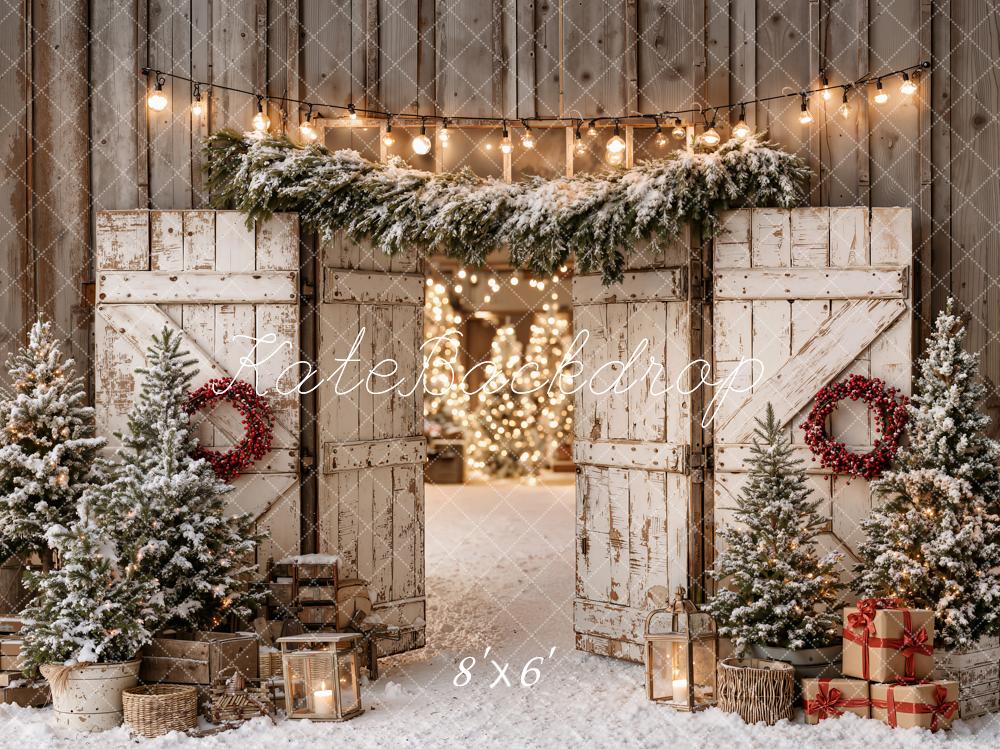 Kate Christmas Rustic Barn Doors Snowy Trees String Lights Printed Backdrop Designed by Emetselch