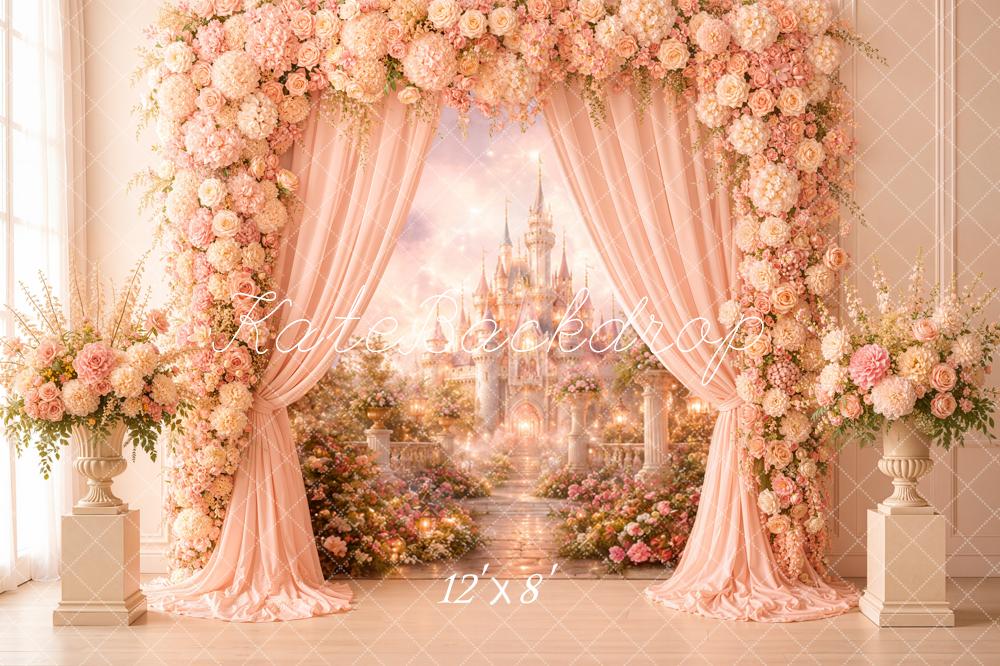 Kate Fairy Fantasy Princess Castle Flower Arch Pink Printed Backdrop Designed by Emetselch