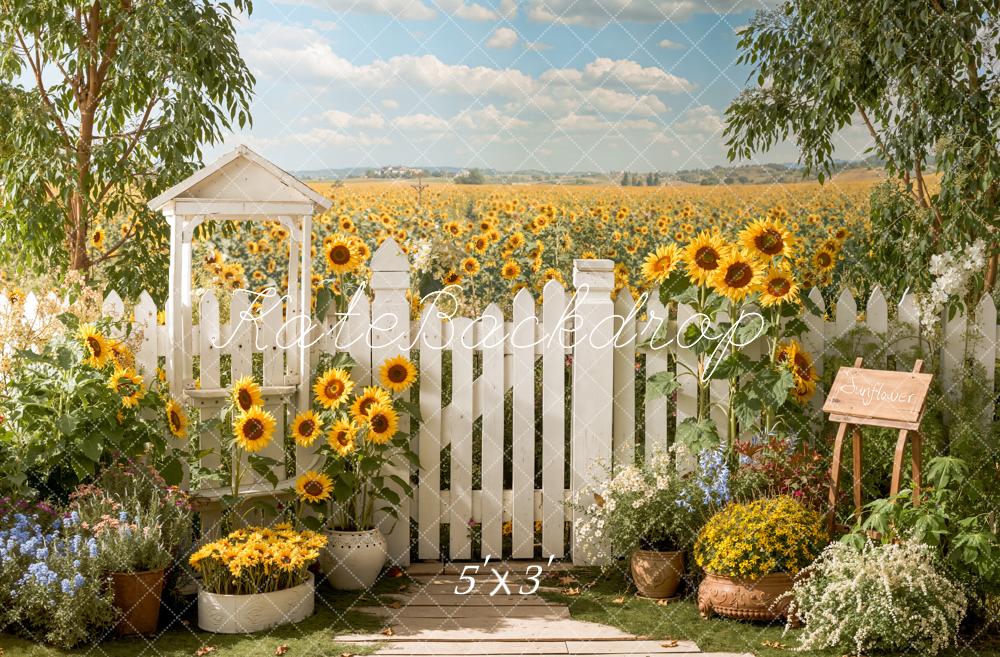 Kate Summer Sunflower Field White Picket Fence Garden Printed Backdrop Designed by Emetselch