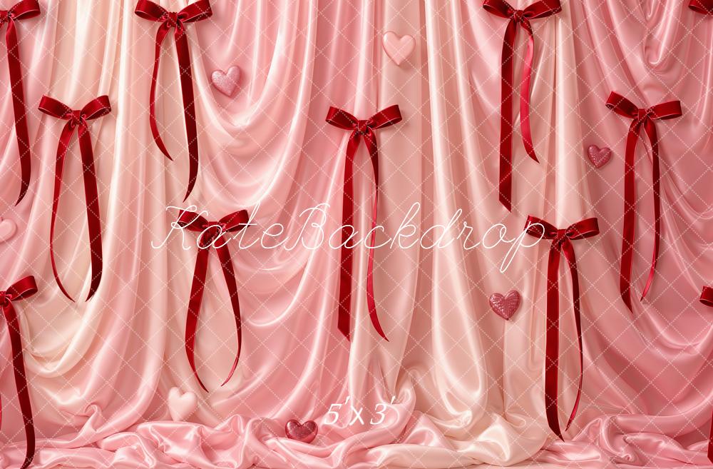 Kate Valentine's Day Pink Satin Drapes Ribbons Hearts Printed Backdrop Designed by Emetselch