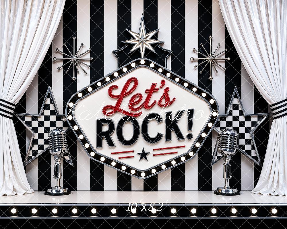 Kate Retro Rock Stage Microphone Star Printed Black And White Striped Backdrop Printed Backdrop Designed by Ashley Ward
