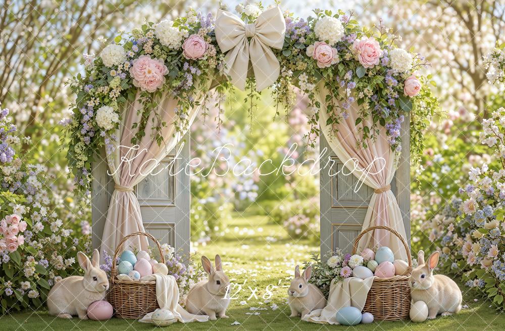 Kate Easter Flower Arch Garden Door Bunny Bow Curtains Printed Backdrop Designed by Emetselch