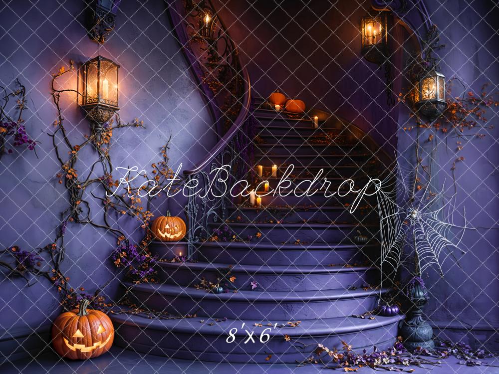Kate Halloween Staircase Pumpkin Spider Web Backdrop Designed by Emetselch