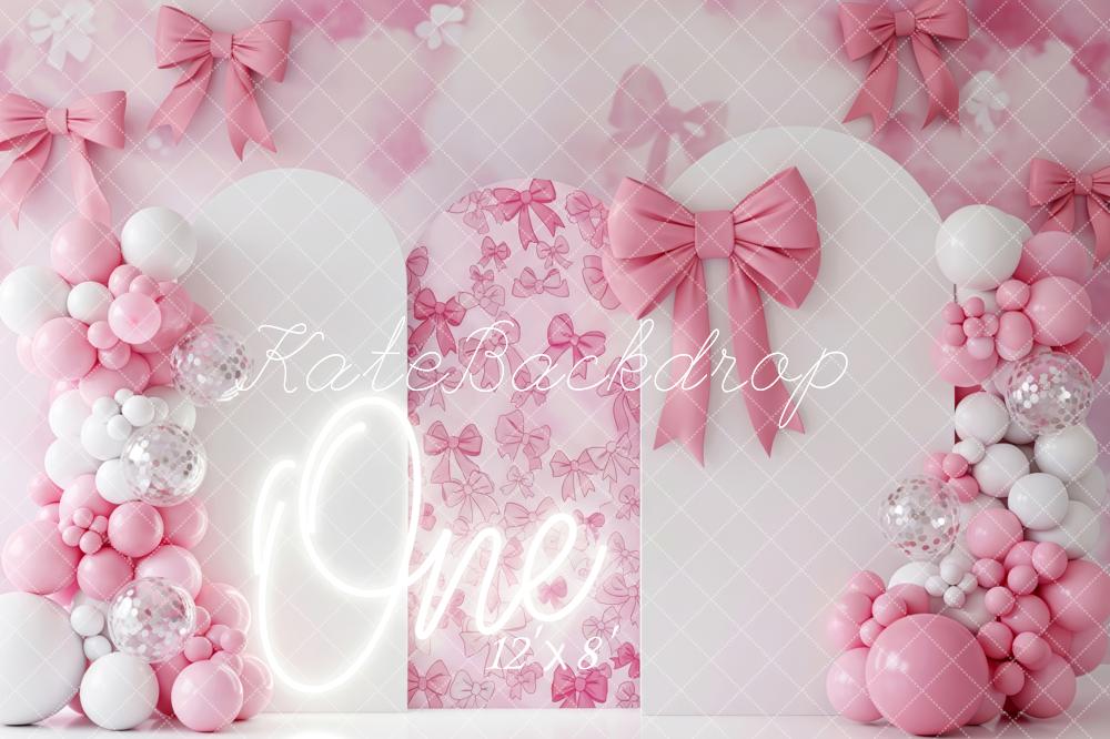 Kate 1st Birthday Pink Bows Balloons Arch Backdrop Designed by Patty Roberts
