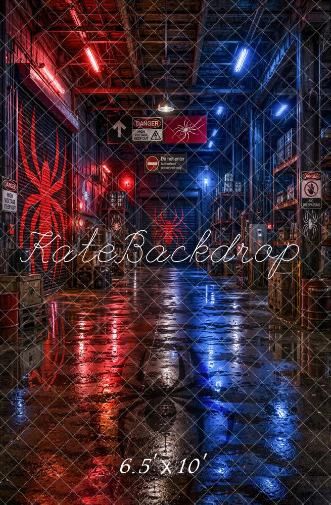 Kate Urban Red Blue Industrial Spider Warehouse Printed Backdrop Designed by Emetselch