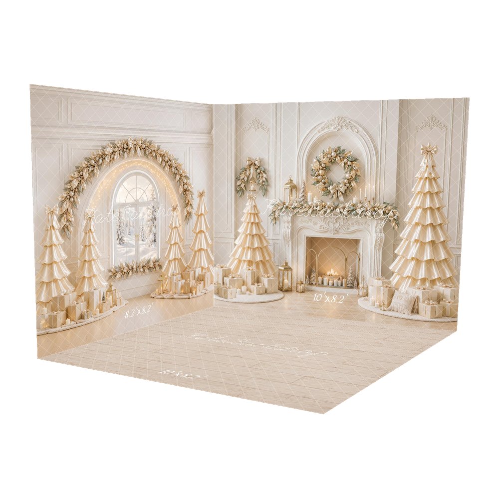Kate Christmas Fireplace Wreath Ivory Satin Trees Arch Printed Backdrop Room Set