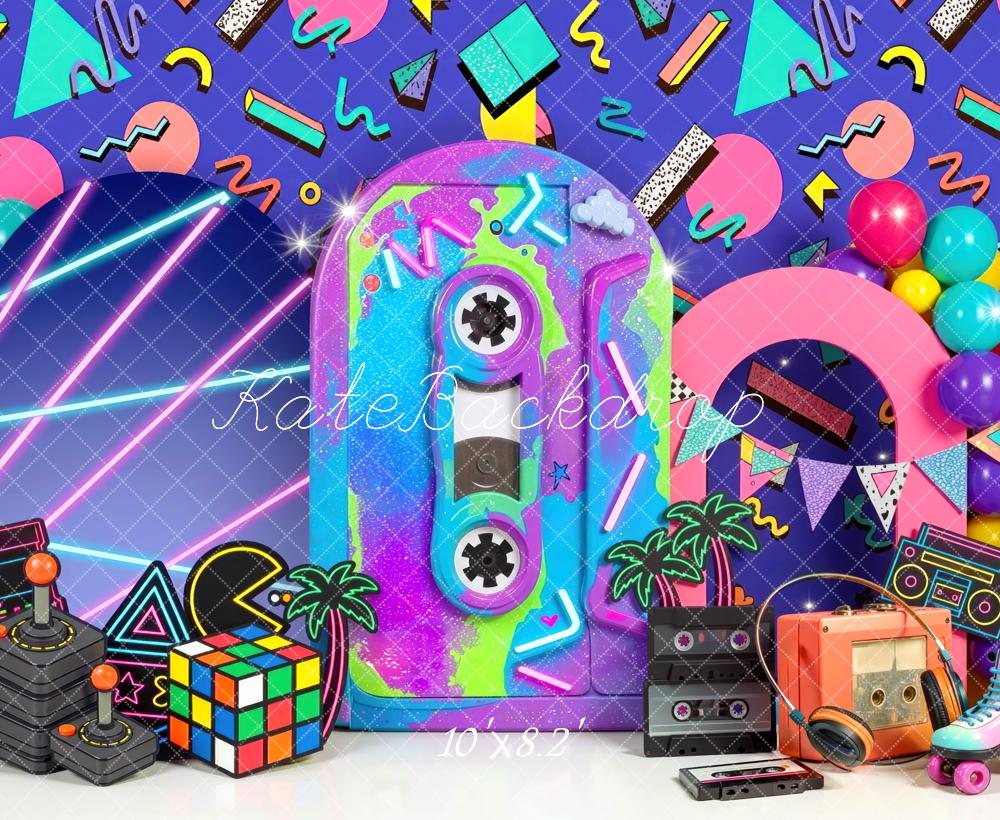 Kate Birthday Retro 80s Neon Arcade Boombox Printed Backdrop Designed by Mini MakeBelieve