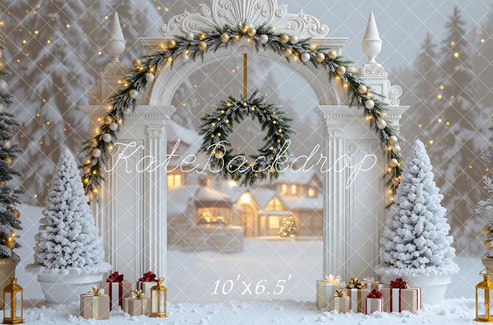 Kate Christmas Winter White Arch Wreath Snowy Trees Village Backdrop Designed by Mini MakeBelieve
