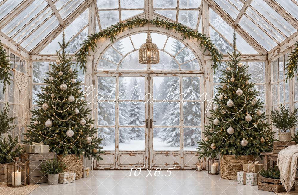 Kate Christmas Vintage Greenhouse Christmas Trees Garland Snowy Printed Backdrop Designed by Emetselch