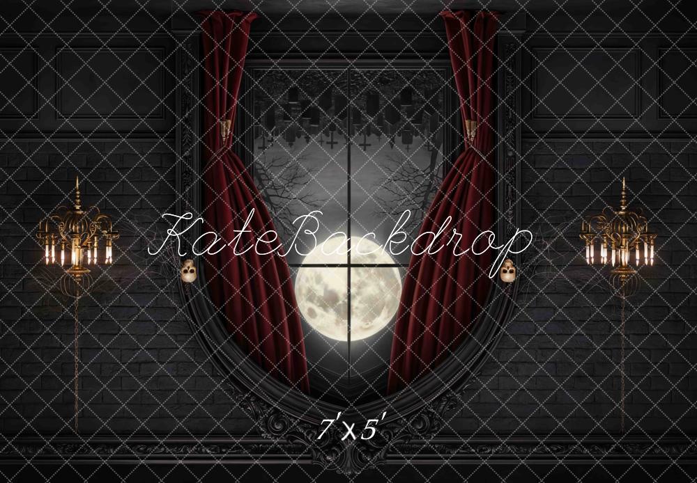 Kate Halloween Vampire Gothic Window Full Moon Red Curtain Printed Backdrop Designed by Mini MakeBelieve