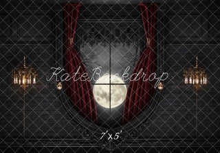 Kate Halloween Vampire Gothic Reversed Perspective Window Full Moon Red Curtain Printed Backdrop Designed by Mini MakeBelieve
